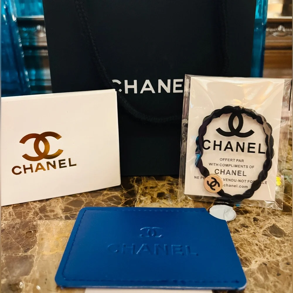 CHANEL Hair-Tie & Mirror Bundle w/Gift Bag, NIP